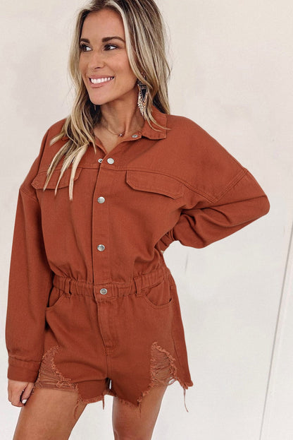 Golden Blaze Snap Closure Distressed Denim Jumpsuit