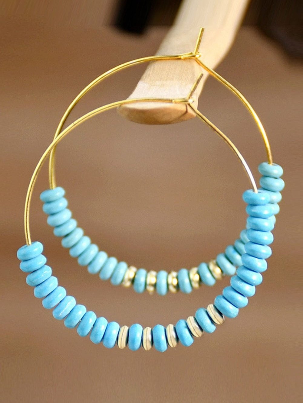 Golden Boho Turquoise Bead Hoop Earrings