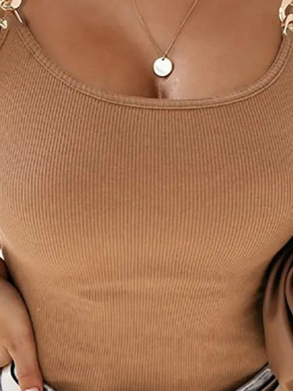 Golden Chain Strap Brown Ribbed Knit Tank Top