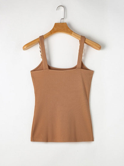 Golden Chain Strap Brown Ribbed Knit Tank Top