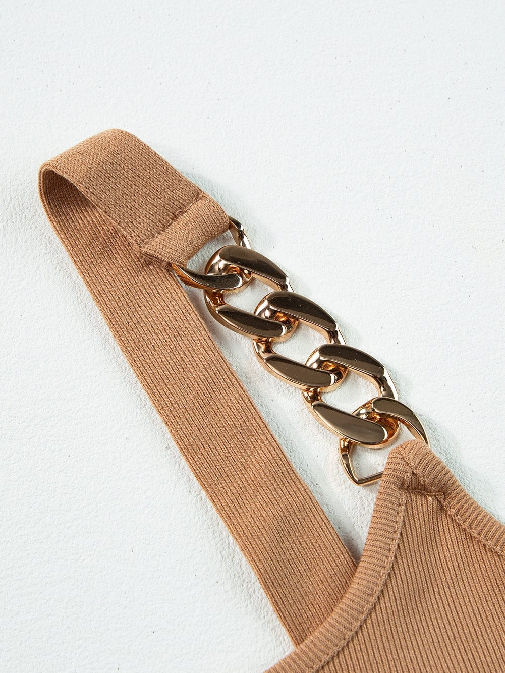 Golden Chain Strap Brown Ribbed Knit Tank Top