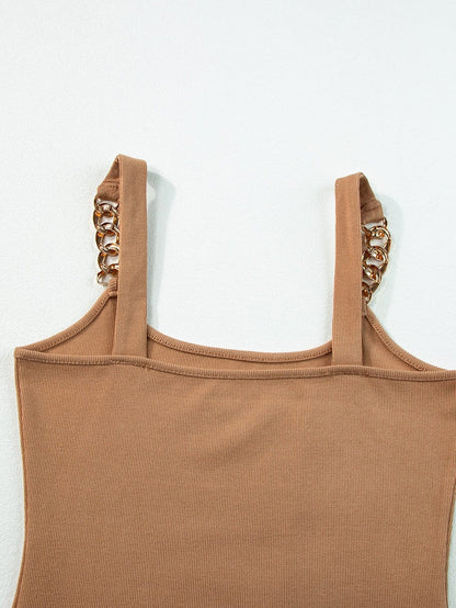 Golden Chain Strap Brown Ribbed Knit Tank Top