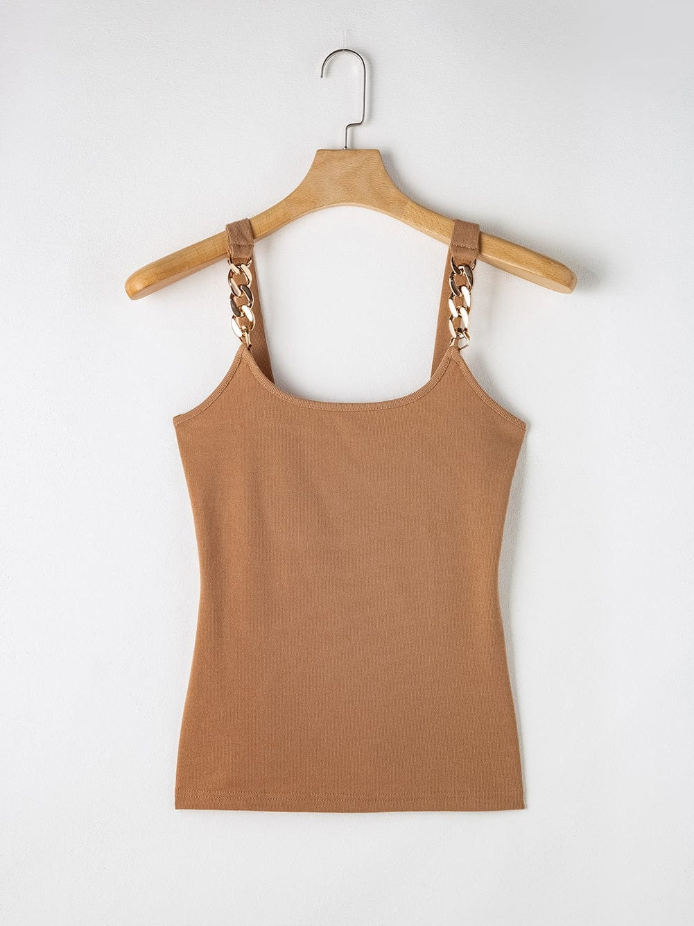 Golden Chain Strap Brown Ribbed Knit Tank Top