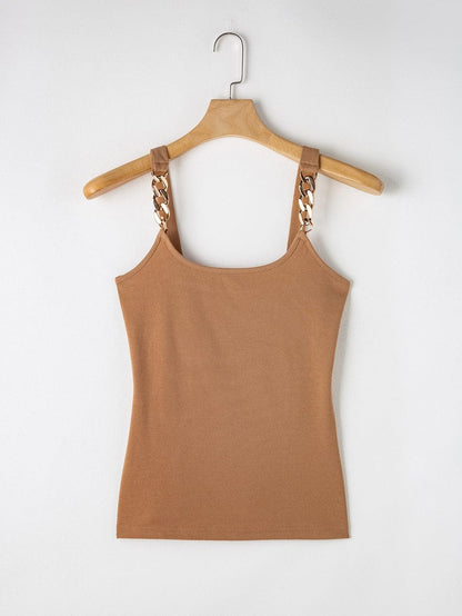 Golden Chain Strap Brown Ribbed Knit Tank Top