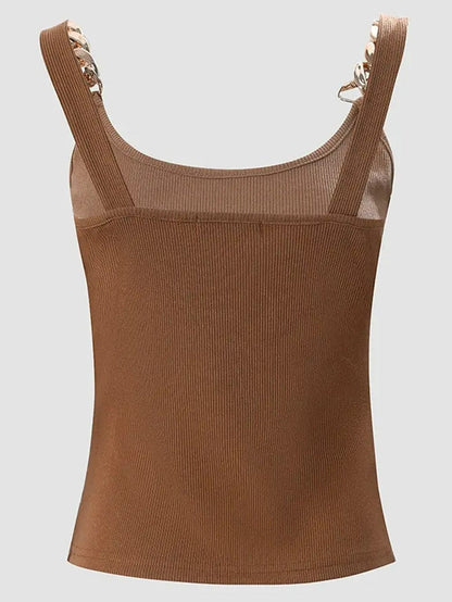 Golden Chain Strap Brown Ribbed Knit Tank Top
