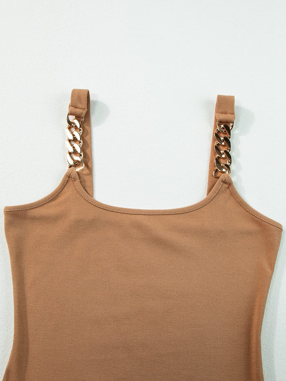 Golden Chain Strap Brown Ribbed Knit Tank Top