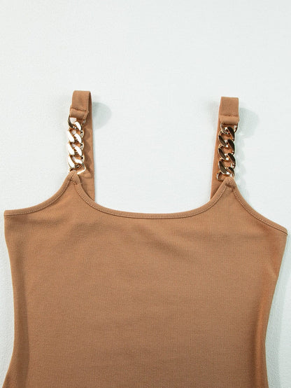 Golden Chain Strap Brown Ribbed Knit Tank Top