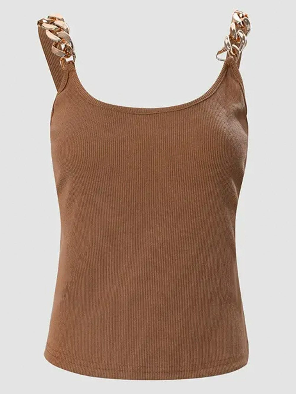 Golden Chain Strap Brown Ribbed Knit Tank Top