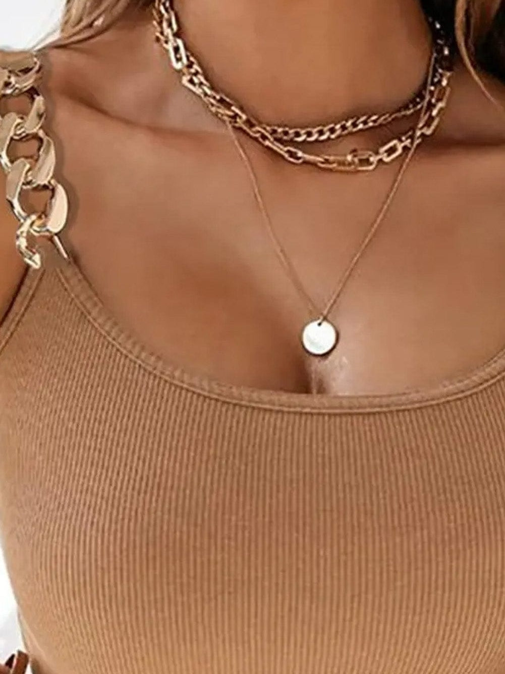 Golden Chain Strap Brown Ribbed Knit Tank Top