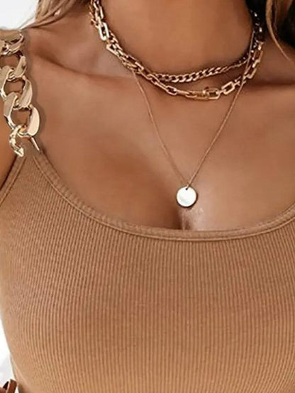 Golden Chain Strap Brown Ribbed Knit Tank Top