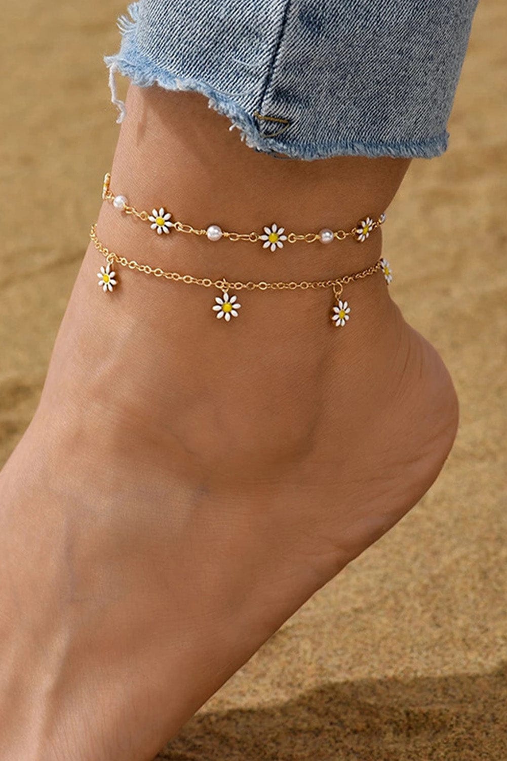Golden Daisy & Pearl Adjustable Anklet