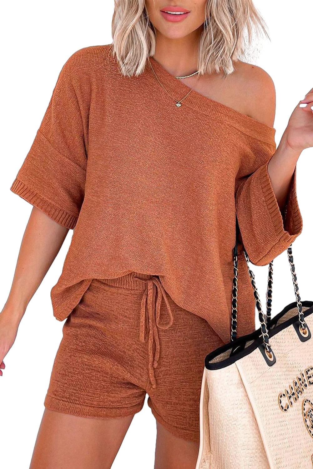 Golden Ember Knit Two-Piece Set with Loose Top and Drawstring Shorts
