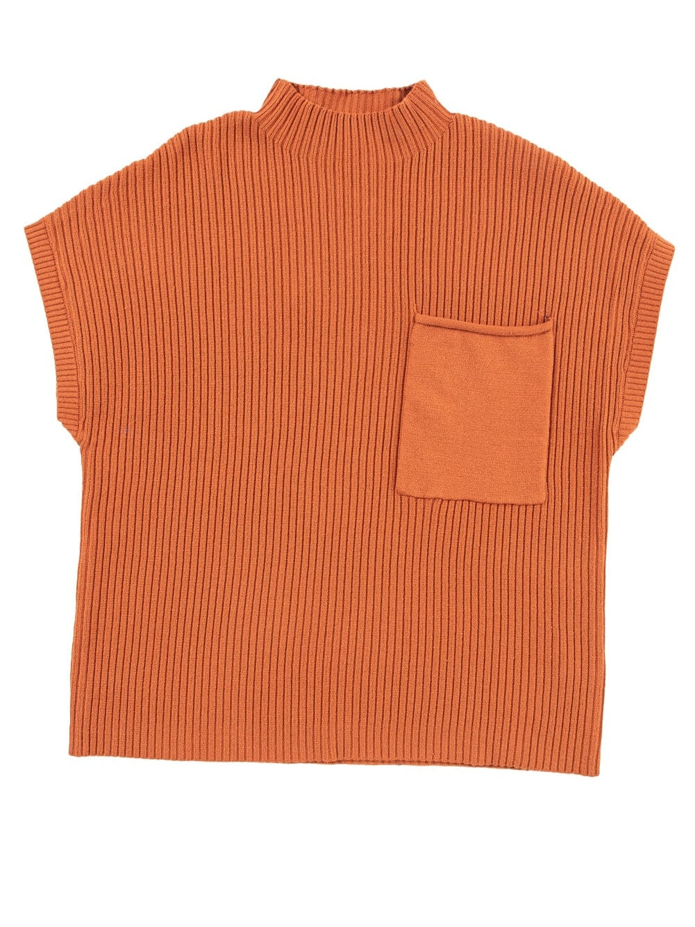 Golden Ember Ribbed Knit Short Sleeve Sweater with Patch Pocket