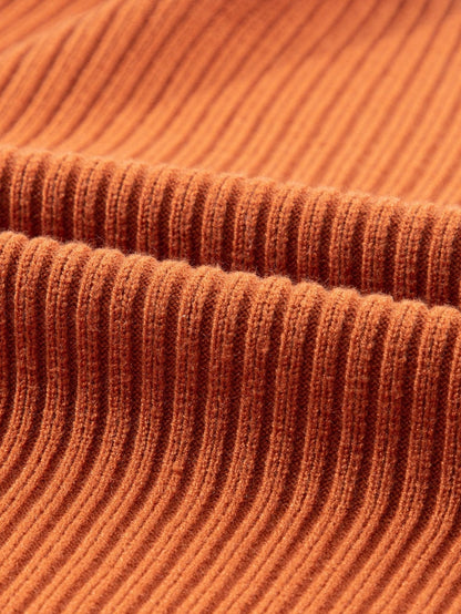 Golden Ember Ribbed Knit Short Sleeve Sweater with Patch Pocket