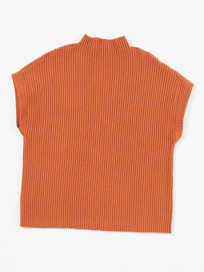 Golden Ember Ribbed Knit Short Sleeve Sweater with Patch Pocket