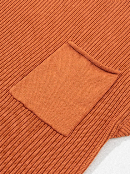 Golden Ember Ribbed Knit Short Sleeve Sweater with Patch Pocket