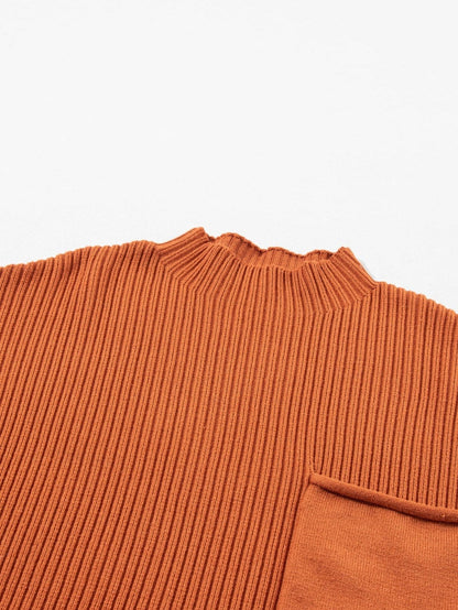 Golden Ember Ribbed Knit Short Sleeve Sweater with Patch Pocket