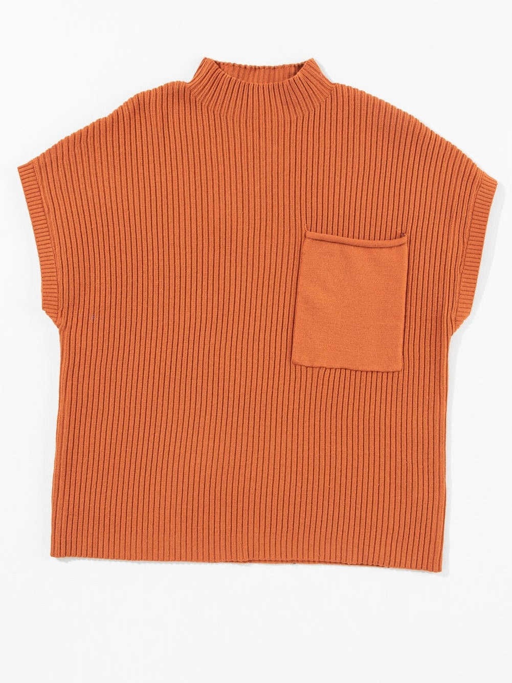 Golden Ember Ribbed Knit Short Sleeve Sweater with Patch Pocket