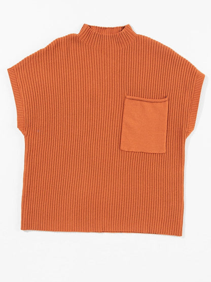 Golden Ember Ribbed Knit Short Sleeve Sweater with Patch Pocket