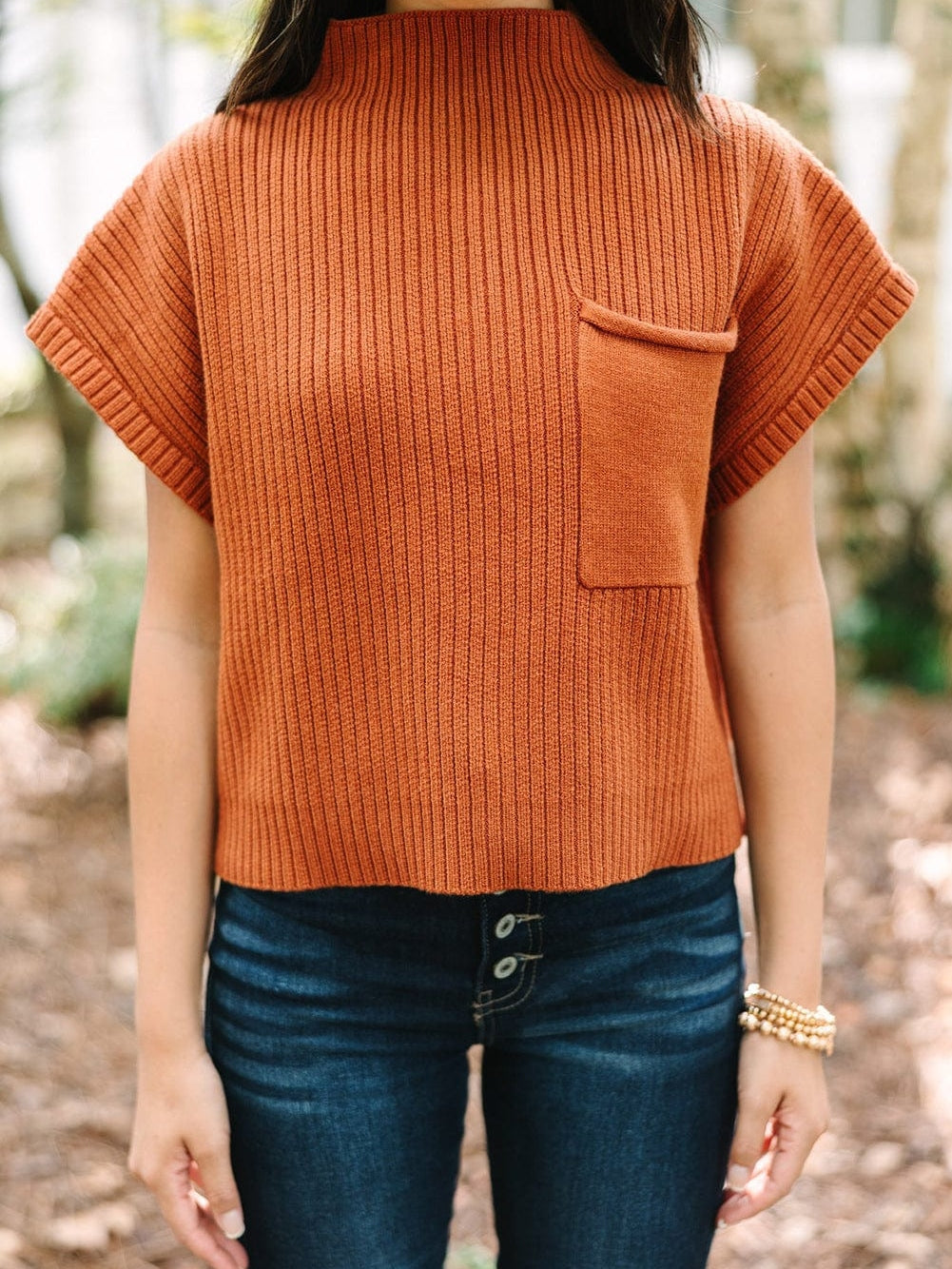 Golden Ember Ribbed Knit Short Sleeve Sweater with Patch Pocket