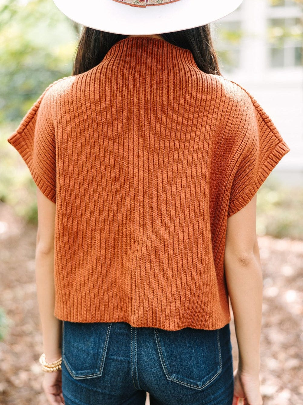 Golden Ember Ribbed Knit Short Sleeve Sweater with Patch Pocket