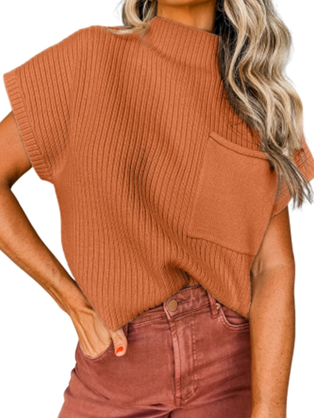 Golden Ember Ribbed Knit Short Sleeve Sweater with Patch Pocket