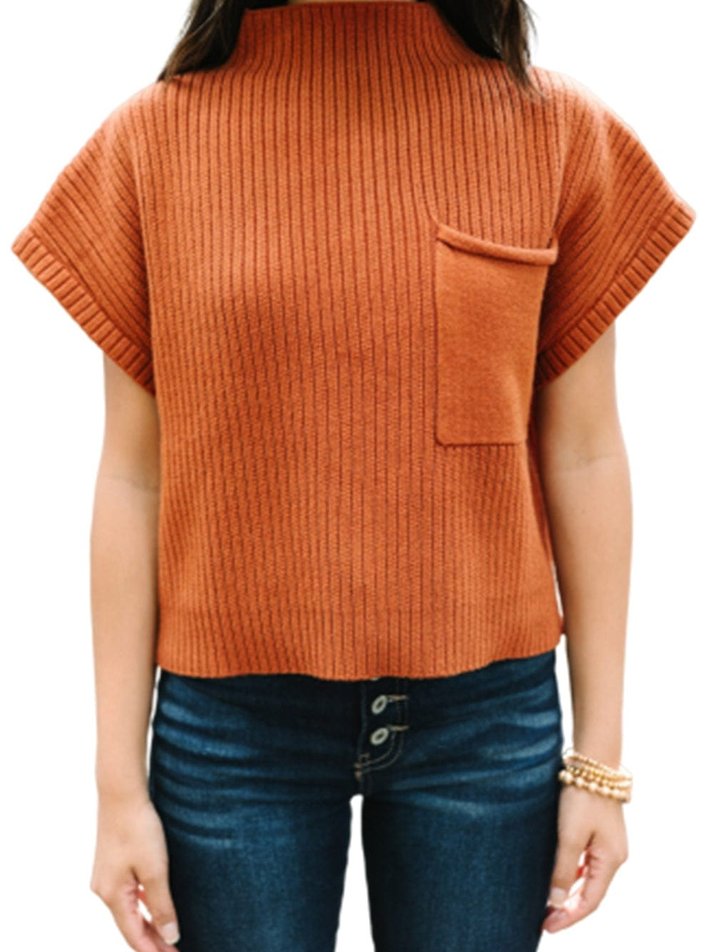 Golden Ember Ribbed Knit Short Sleeve Sweater with Patch Pocket