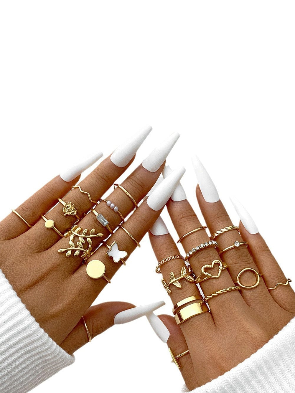 Golden Fluttering Butterfly 24-Piece Ring Set with Heart and Geometric Details