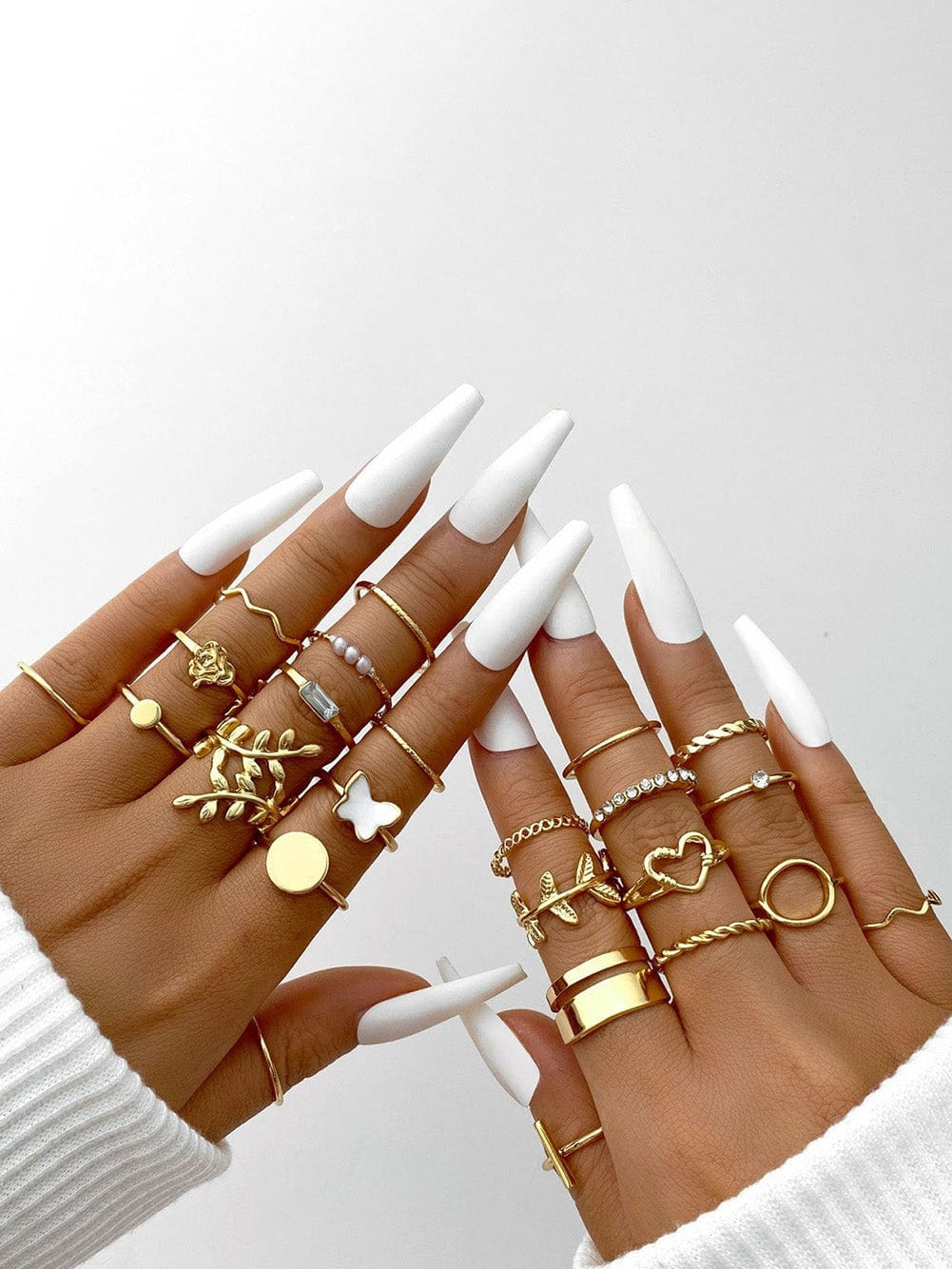 Golden Fluttering Butterfly 24-Piece Ring Set with Heart and Geometric Details