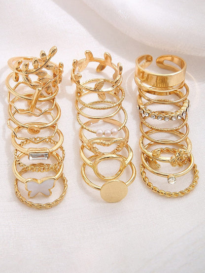 Golden Fluttering Butterfly 24-Piece Ring Set with Heart and Geometric Details