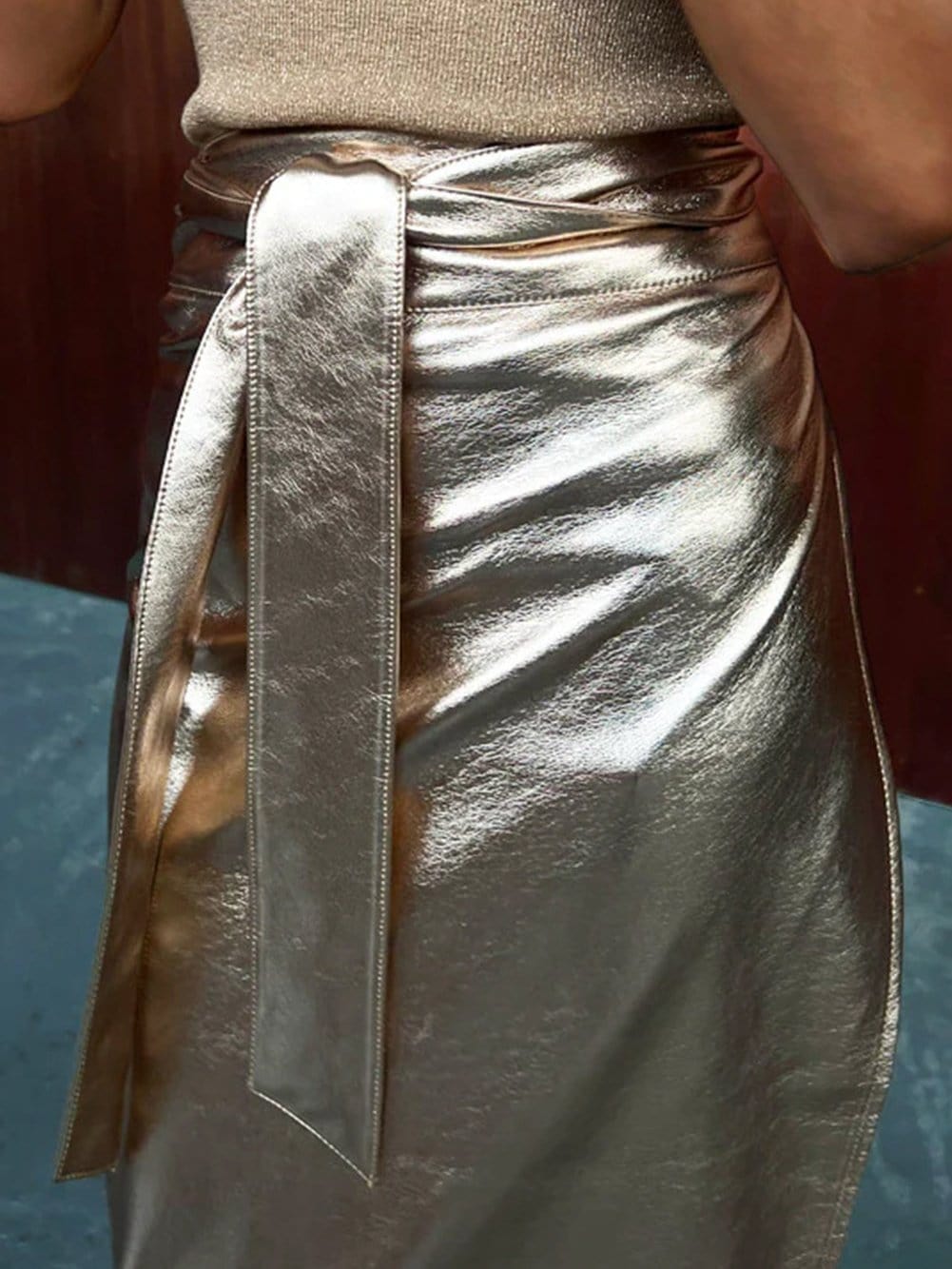 Golden Metallic Leather Twist Knot Midi Skirt