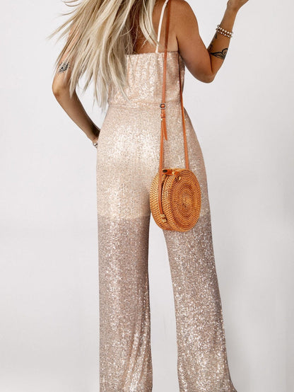 Golden Sparkle V-Neck Glamorous Sleeveless Jumpsuit