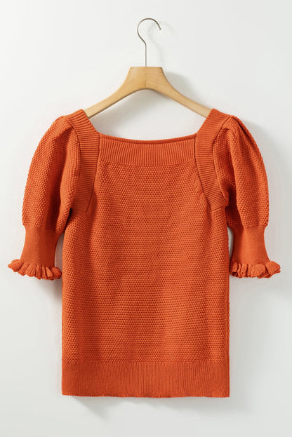 Golden Textured Knit Puff Sleeve Square Neck Sweater