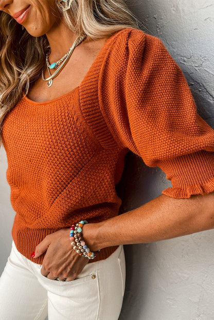 Golden Textured Knit Puff Sleeve Square Neck Sweater