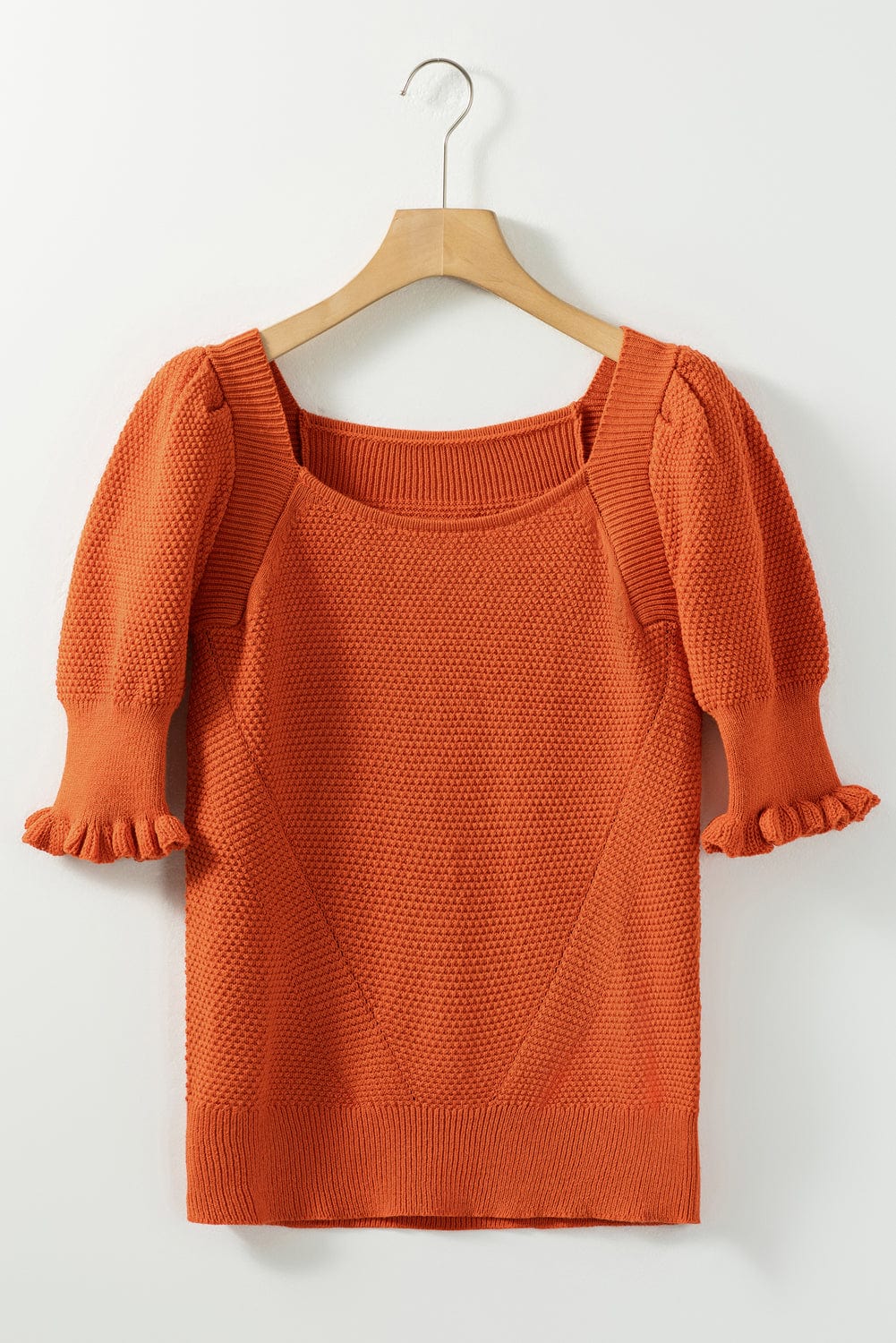 Golden Textured Knit Puff Sleeve Square Neck Sweater
