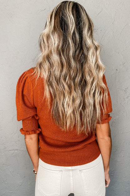 Golden Textured Knit Puff Sleeve Square Neck Sweater