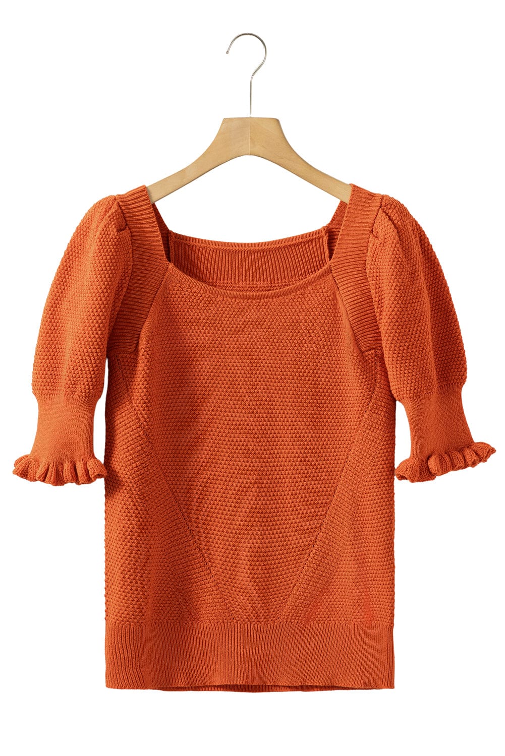 Golden Textured Knit Puff Sleeve Square Neck Sweater