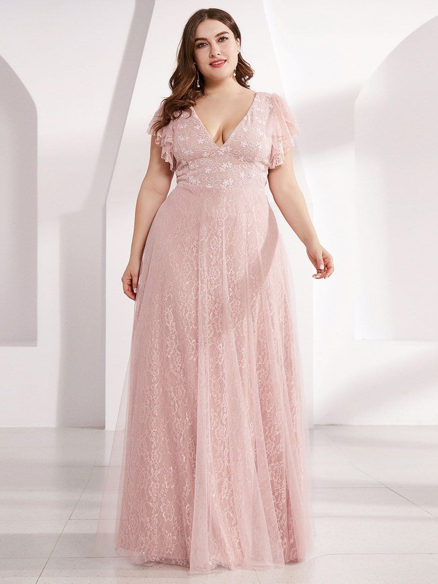 Gorgeous Ruffled Sleeve Lace Floor Length V-Neck Dress with Tulle Skirt