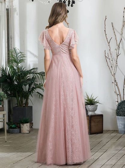 Gorgeous Ruffled Sleeve Lace Floor Length V-Neck Dress with Tulle Skirt