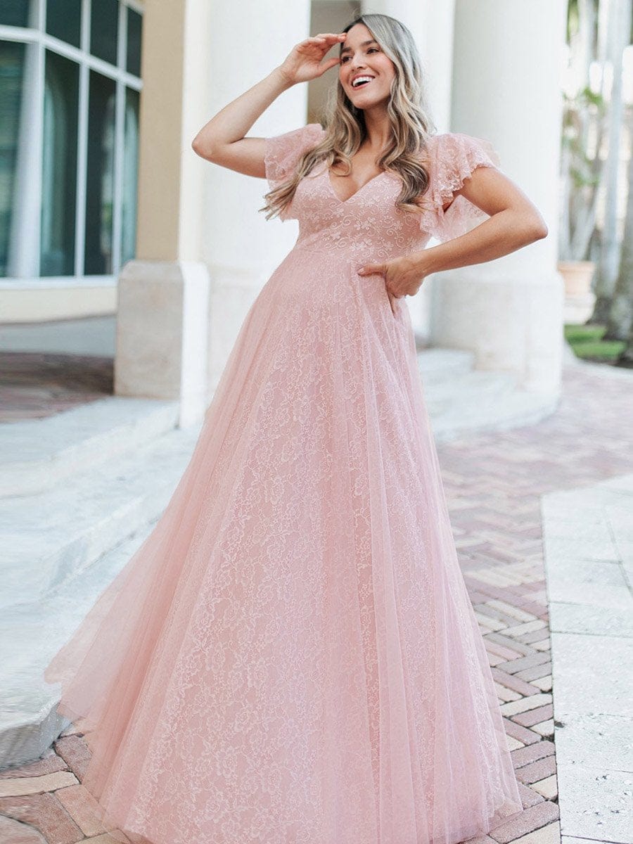 Gorgeous Ruffled Sleeve Lace Floor Length V-Neck Dress with Tulle Skirt