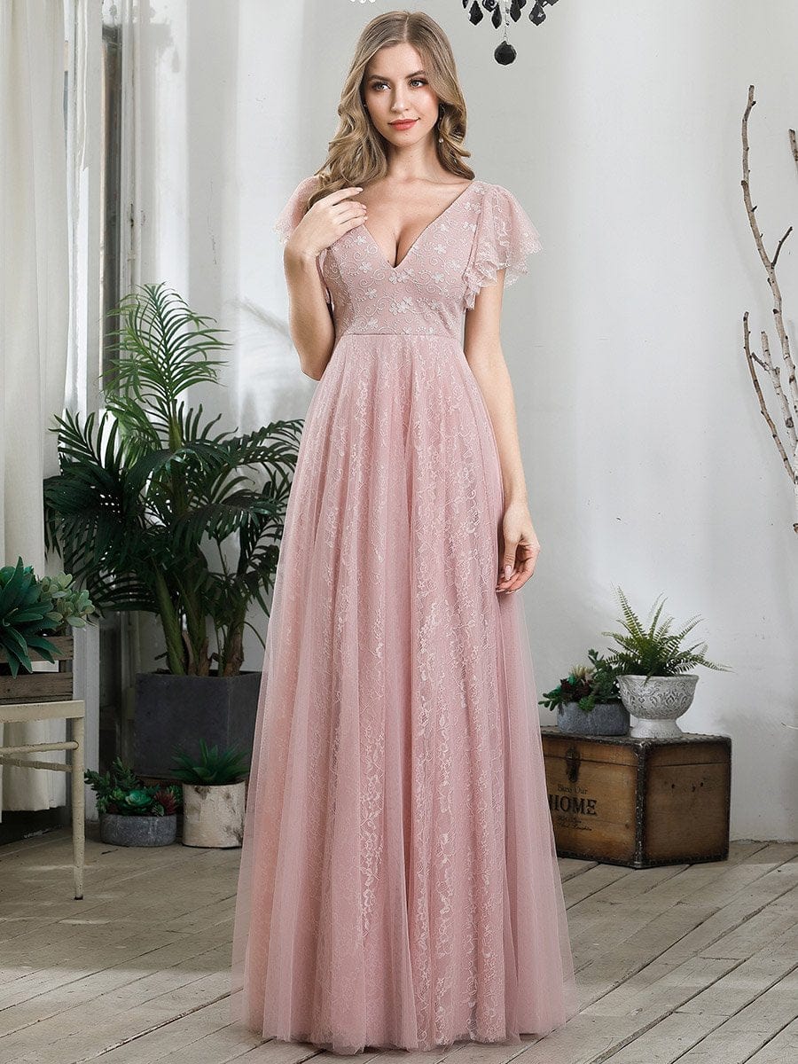 Gorgeous Ruffled Sleeve Lace Floor Length V-Neck Dress with Tulle Skirt