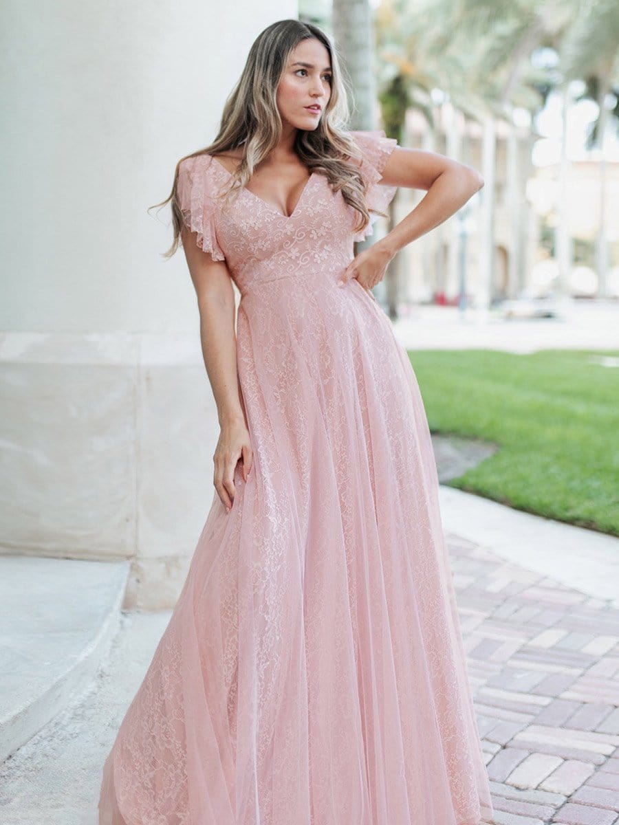Gorgeous Ruffled Sleeve Lace Floor Length V-Neck Dress with Tulle Skirt