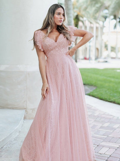 Gorgeous Ruffled Sleeve Lace Floor Length V-Neck Dress with Tulle Skirt