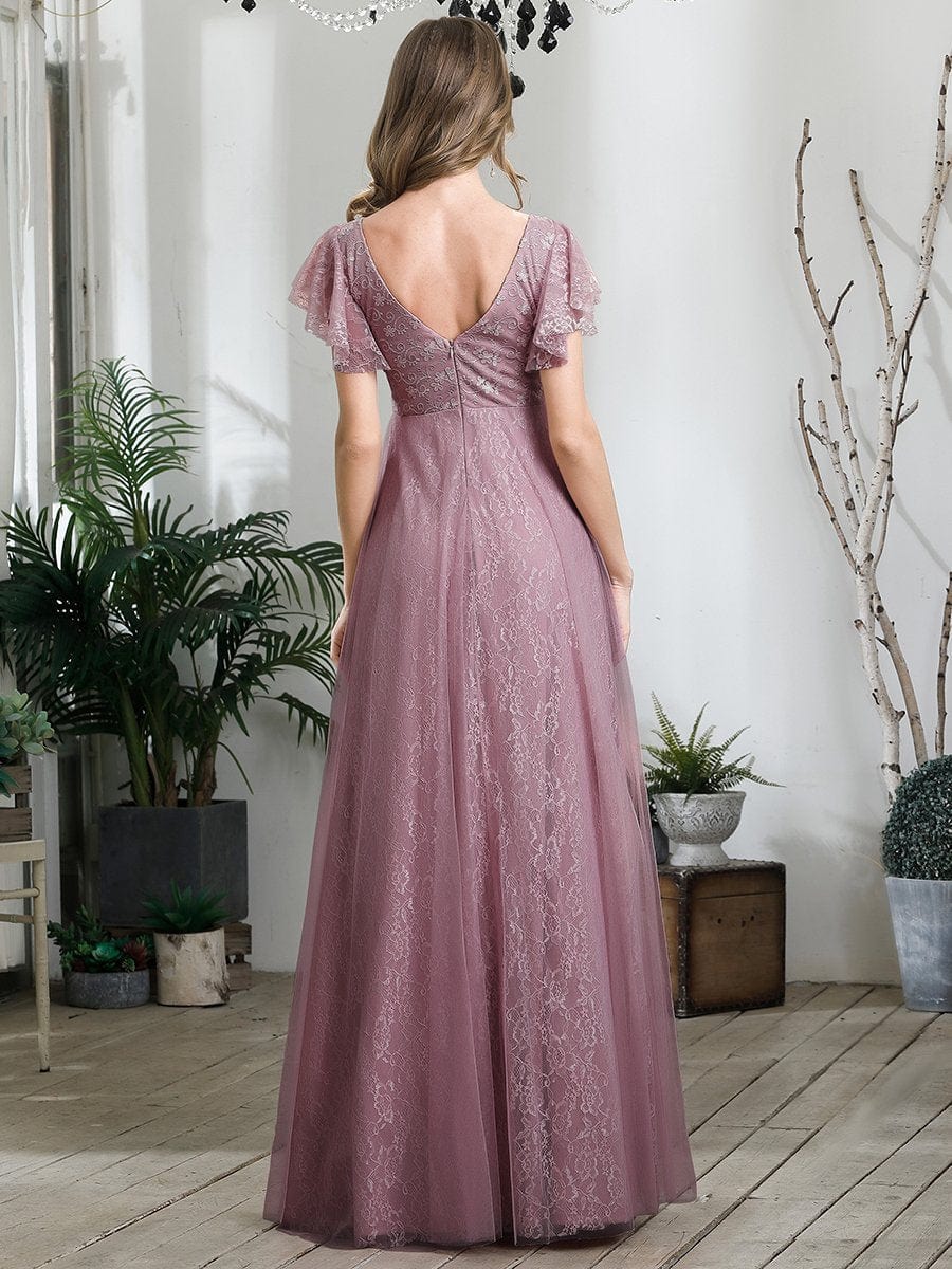 Gorgeous Ruffled Sleeve Lace Floor Length V-Neck Dress with Tulle Skirt