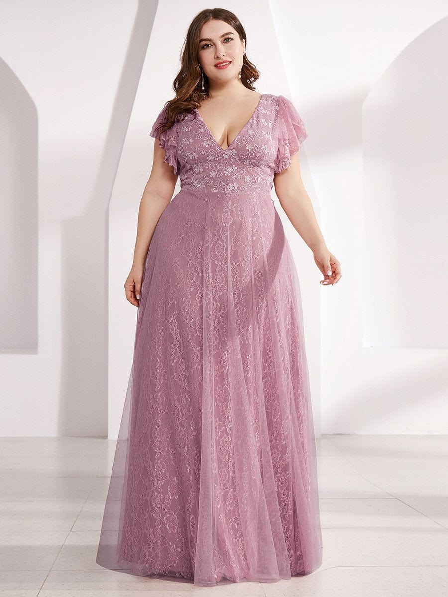 Gorgeous Ruffled Sleeve Lace Floor Length V-Neck Dress with Tulle Skirt