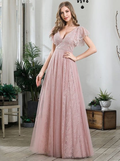 Gorgeous Ruffled Sleeve Lace Floor Length V-Neck Dress with Tulle Skirt
