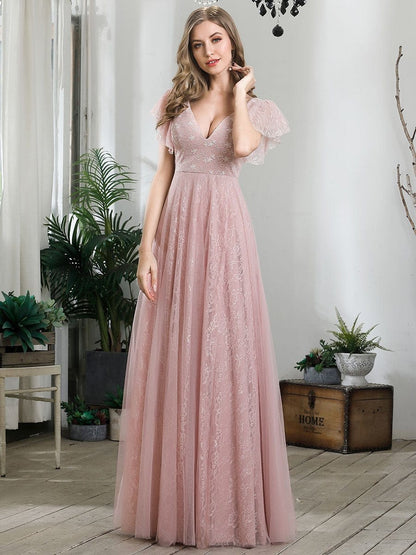 Gorgeous Ruffled Sleeve Lace Floor Length V-Neck Dress with Tulle Skirt