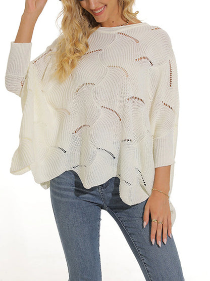 Women's Pullover Sweater Jumper Crew Neck Ribbed Knit Acrylic Hole Summer Spring Daily Going out Weekend Stylish Casual Soft 3/4 Length Sleeve Solid Color Black White Yellow S M L