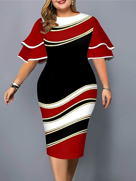 Women's Dress - Plus Size Party Dress Color Block Crew Neck Print Short Sleeve Spring Fall Work Casual Prom Dress Knee Length Dress Casual Daily Dress  Homecoming Dress