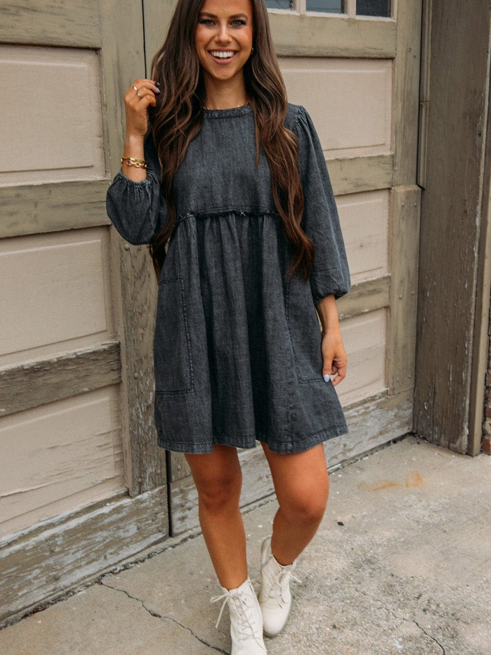 Graceful Black Denim Dress with Balloon Sleeves